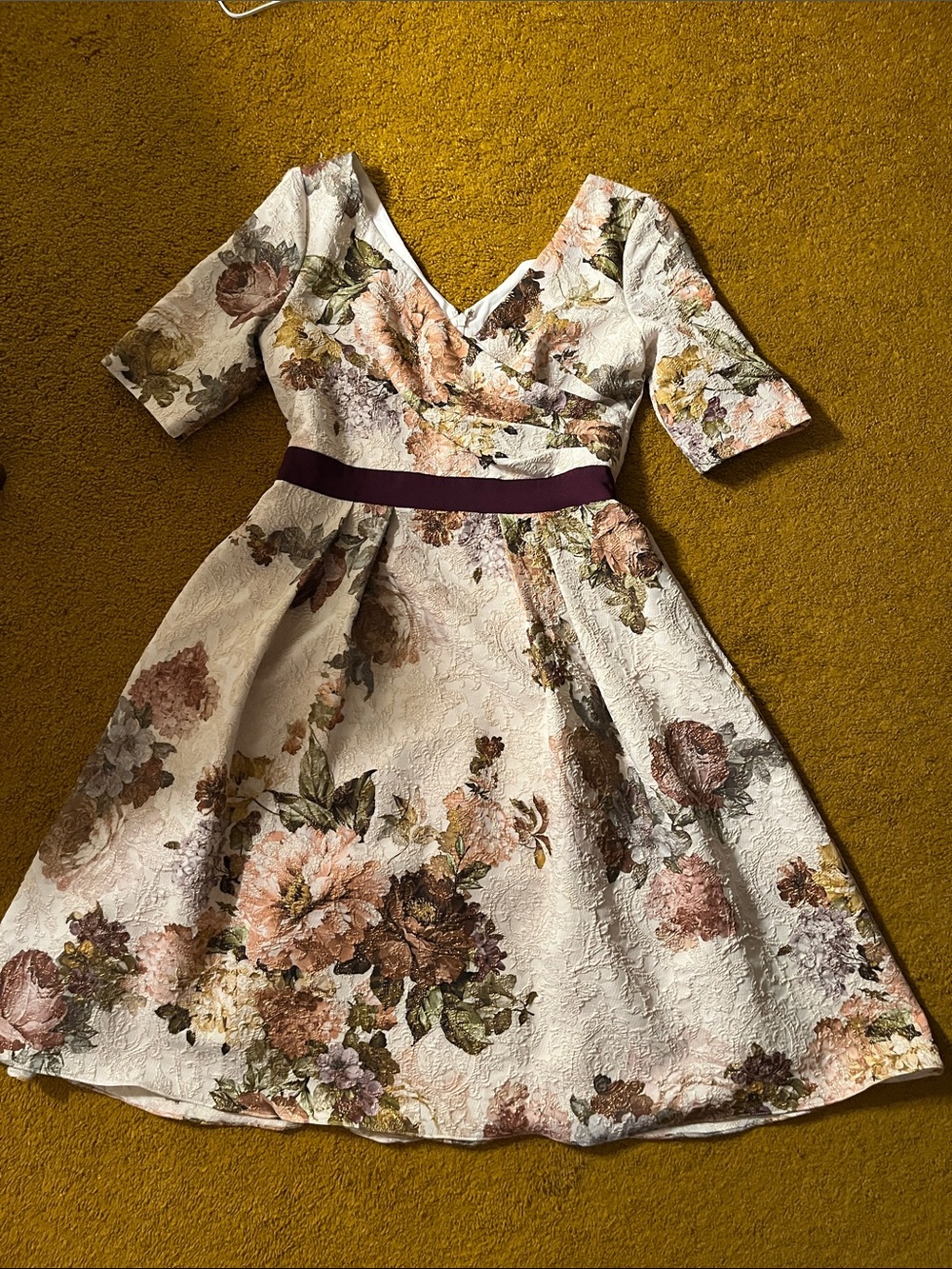 Adrianna Papell Ladies Floral Fit-and-Flare Dress with Purple Waistband size 6